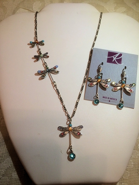 Anne Koplik Dragonfly Jeweled Necklace & Earring Set - Silver Plated-
